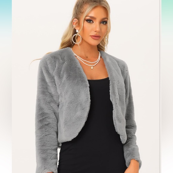 Allegra K grey Cropped Faux Fur Jacket - Picture 4 of 8